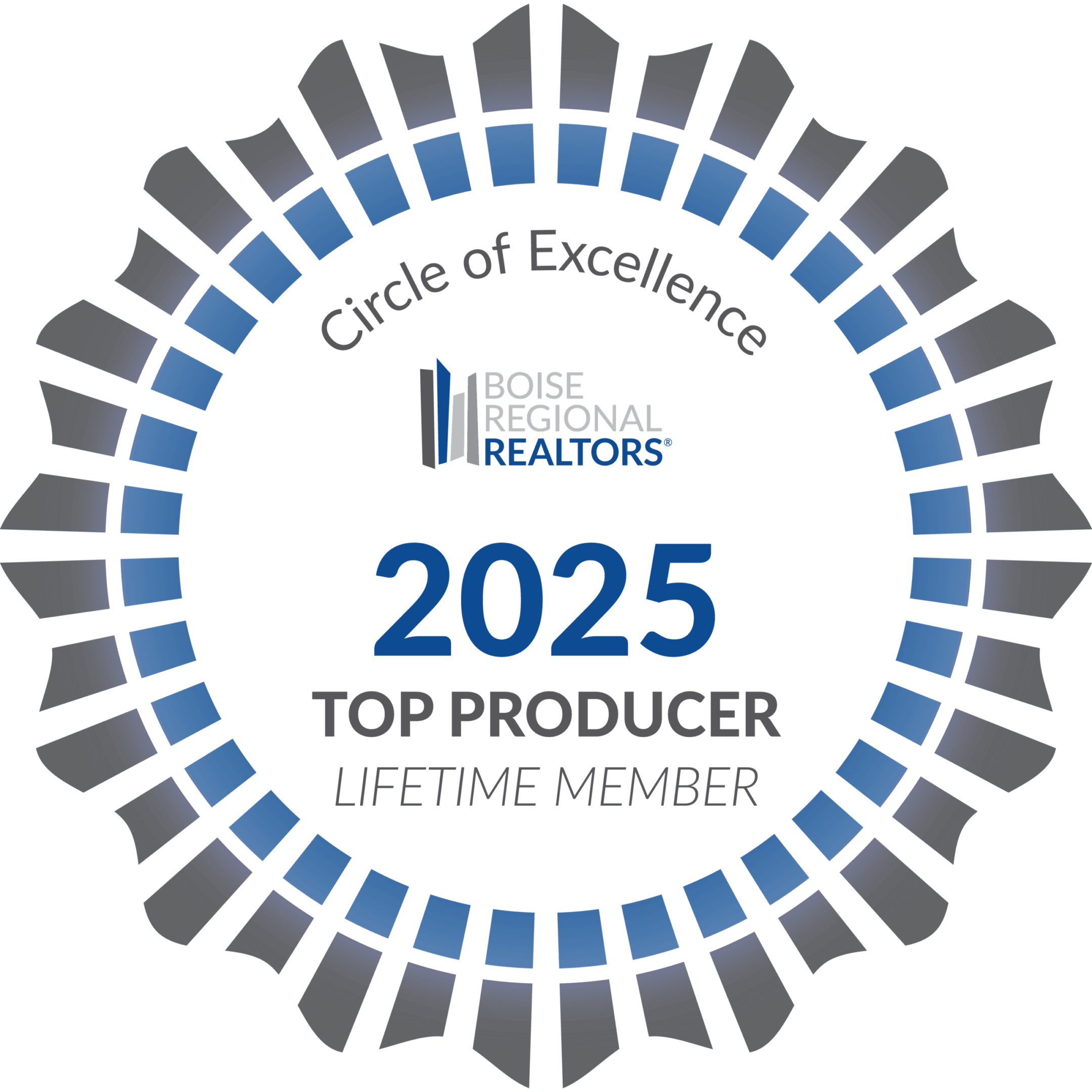2025 Top Producer Award badge with a blue and gray laurel wreath design.